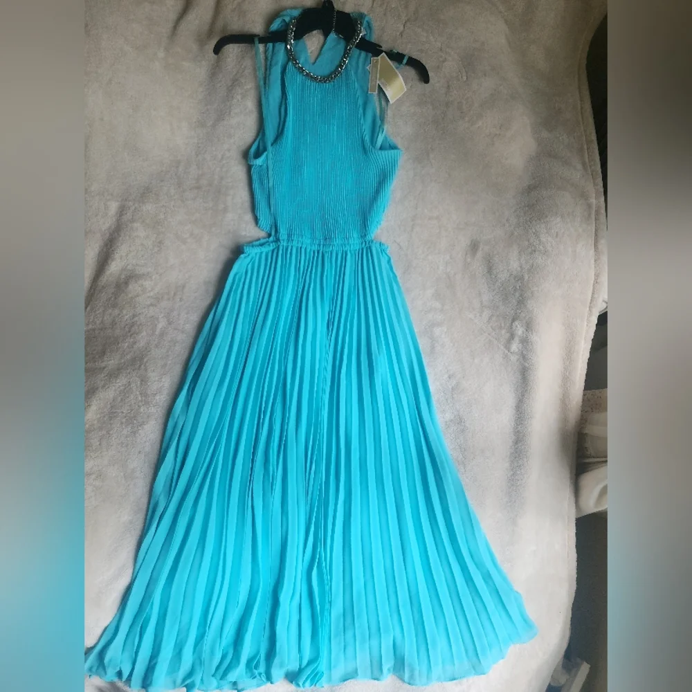 Michael Kors Halter Neck Pleated Cut-out Midi Dress turquoise Sz M & L…